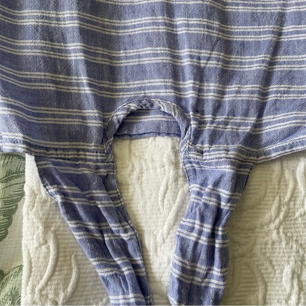 Beachlunch Lounge Blue & White Striped Linen Blend Wide Sleeve Side Tie Blouse - Picture 6 of 11